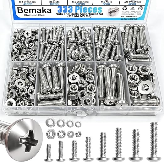 333Pcs Machine Screws Nuts and Bolts Assortment Kit, Stainless Steel Bolts 9 Sizes M3 M4 M5 M6 Phillips Pan Head Screw Assortment Kit for Furniture, Automotive, Appliance Repair, DIY Projects