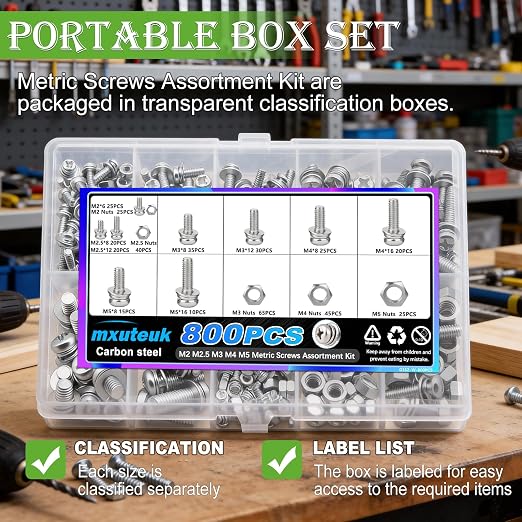 mxuteuk 800PCS Small Nut and Bolt Assortment Kit,M2 M2.5 M3 M4 M5 Metric Screws,Machine Screws Small Bolts and Nuts for DIY Projects,Electronics,Repairs