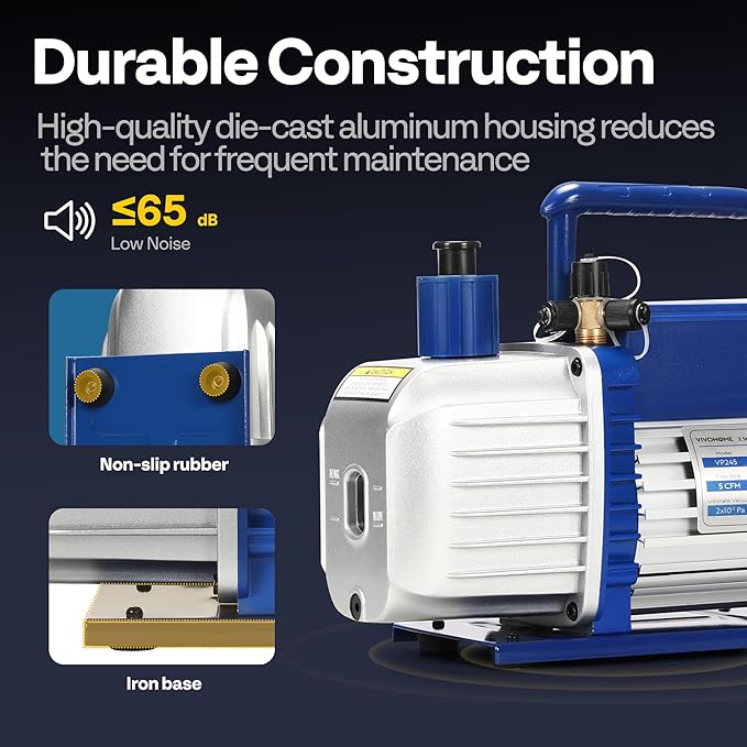 VIVOHOME 1/2 HP 5 CFM 2 Stage A2L HVAC Vacuum Pump, Sparkless Motor for R32 R1234yf R454B R134a R22 R410a Systems, Auto AC Vacuum Pump for Air Conditioner Servicing with 2 Oil Bottles