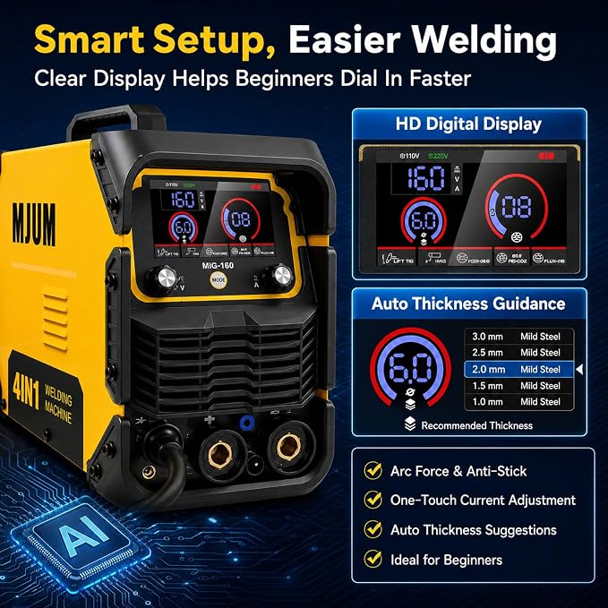 160A 4-in-1 Welding Machine: 110V/220V Dual Voltage MIG Welder with Smart Synergic Control, Flux Core/Gas MIG/Lift TIG/Stick Welder, IGBT Inverter HD Display for Home Repair Auto Fabrication