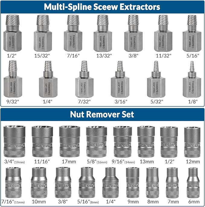 Screw & Bolt Extractor Set and Left Hand Drill Bit Kit, 54 PCS | Easy Out Stripped Screw Remover, Hex Adapter, Lug Nut Remover, For Broken, Damaged, Rusted, Rounded-Off Studs