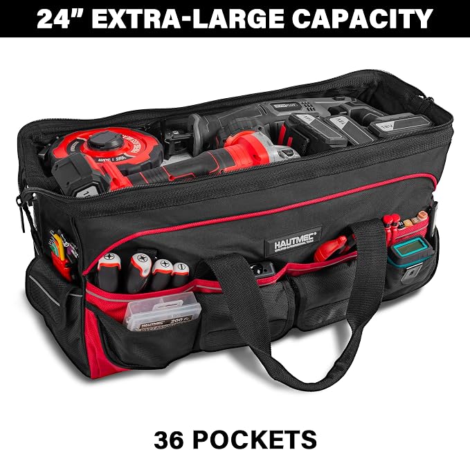 HAUTMEC 24" Heavy-Duty Large Tool Bag, 1680D Wear-Resistant Wide Mouth Tool Bag with Metal Frame & Hard Base, 36 Pockets, Level Holder, Anti-Tangle Padded Shoulder Strap – HT0284