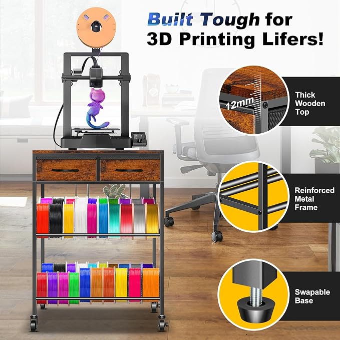 3D Printer Filament Storage Rack with Drawers, 3Tier Metal Filament Spool Holder with Wheels, 3D Printer Filament Stand for PLA/ABS/TPU/Nylon, Filaments Organzied for Workshop Studio Office, Brown