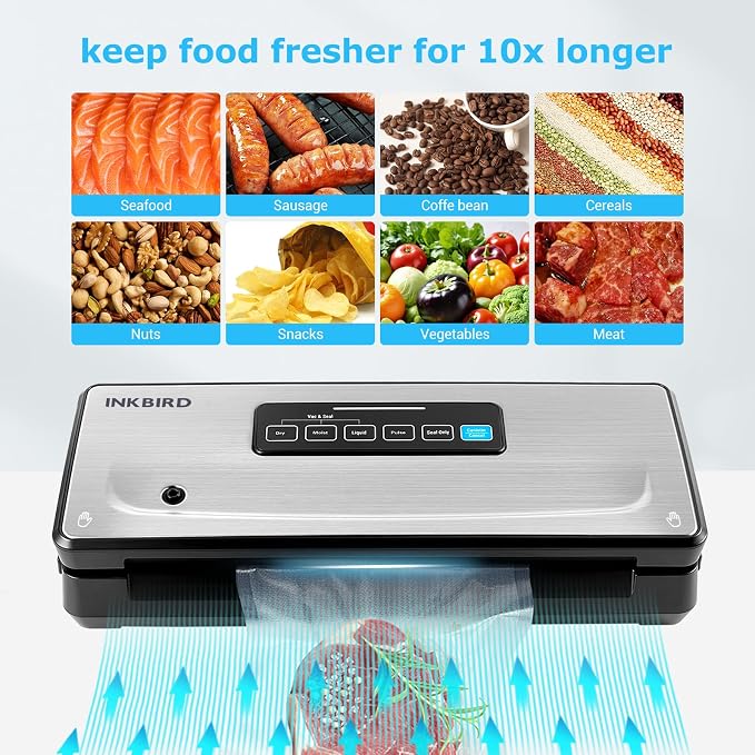Vacuum Sealer Machine with 55 Count 8''*12'' Food Sealer Bags and 11''*118'' Vacuum Roll, INKBIRD Vacuum Sealing Machine with Dry|Moist|Liquid|Pulse Sealing Modes for Food Preservation