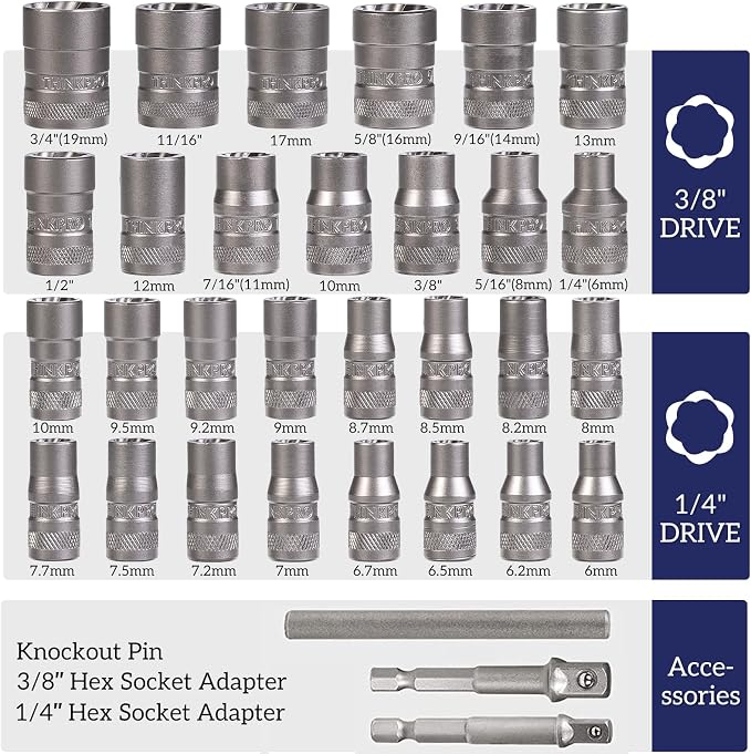 Bolt Extractor Kit, 32PCS Rounded Bolt Remover, Extractor Socket Set for Removing Damaged, Frozen, Rusted, Rounded-Off Bolts, Nuts & Screws