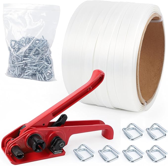 Woven Cord Banding Strapping Kit - Woven Strapping Kit Poly Pallet Packaging Banding Tool Strapping Tool Strapping Tensioner, Woven Roll 3/4"*328Ft, 100pcs Steel Buckles, Reusable Flexbale Package
