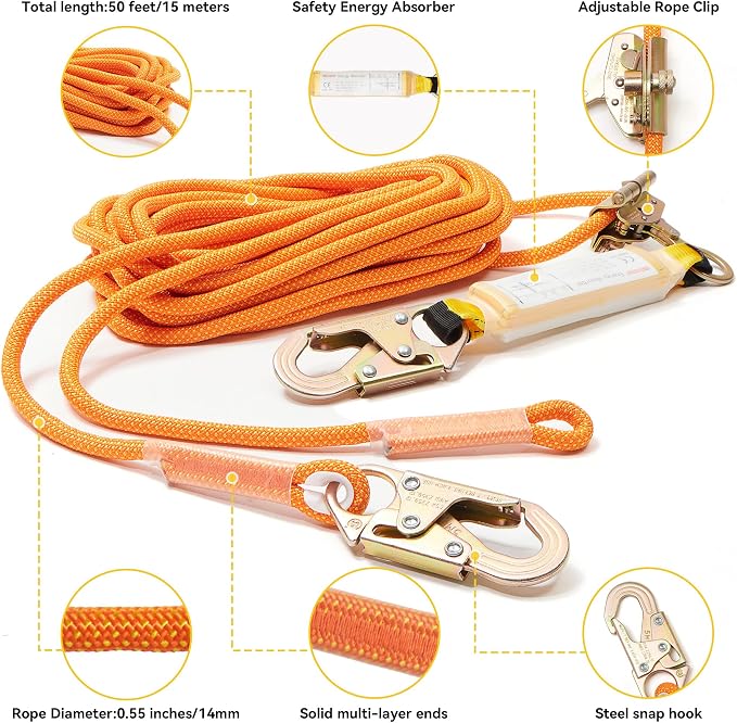 Fall Protection Safety Rope 150FT Roofing Harness Safety Lanyard Tree Climbing Line Kit with Alloy Steel Grab Snap Hooks Shock Absorber Heavy Duty Roof Safety Equipment ANSI CE