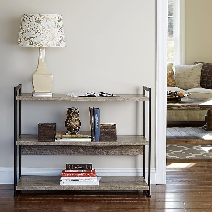 Household Essentials Wide 3‑Shelf Open Storage Bookshelf in Oak Rustic Wood Grain and White Metal Frame, Ashwood