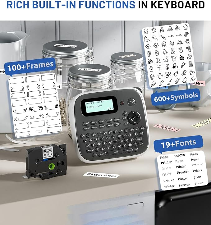 Label Maker Machine with-Tape, Label Maker Waterproof-Labels, Keyboard Labeler Machine Portable, D210S Desktop Labelmaker Multiple Symbols for Home Small Business Kids Teachers School Supplies