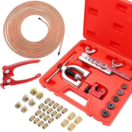25 ft 3/16inch Copper Coated Brake Line Kit(Includes 24 Fittings and 4 Unions) with Tube Bender and Double & Single Flaring Tool Kit