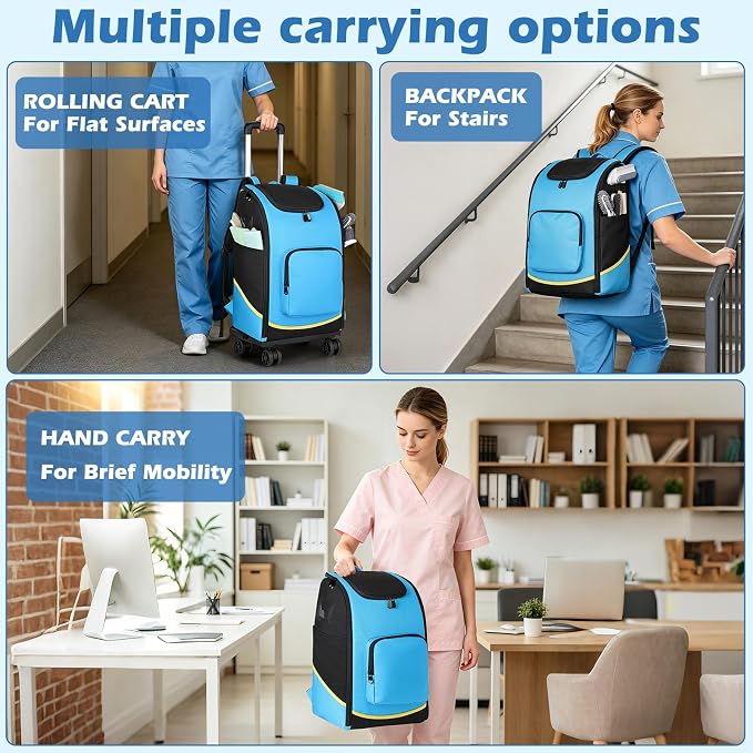 Rolling Cleaning Caddy Bag with Wheels, Large Cleaning Supplies Organizer Backpack with Detachable Trolley and Cleaning Apron for Housekeepers, Home, Hotel & Car Detailing