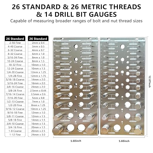 66 Nut and Bolt Thread Checker,Bolt Size and Thread Gauge with 26 Standard & 26 Metric Bolts & 14 Drill Bit Gauges,Thread Checker for Machinists & Woodworking,Brushed Finish Thread Checker