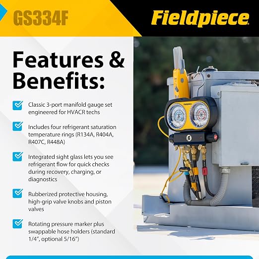 Fieldpiece GS334F 3-Port Analog Gauge Set – HVACR Refrigerant Manifold with Sight Glass, Swappable Hose Holders & High-Grip Knobs – Reliable Field Diagnostics