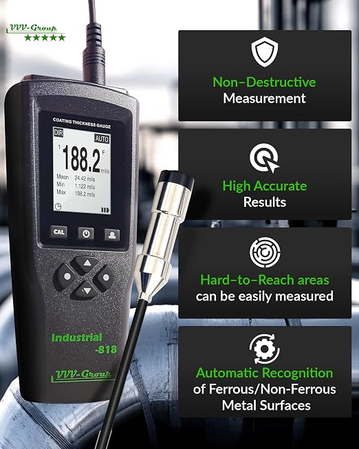 Coating Thickness Gauge Industrial-818 with External Probe – 0–197 mil (0–5000μm) Fe / 0–120 mil (0–3000μm) NFe, 0.001 mil Resolution, Factory/Zero/Multi-Point Calibration, Memory, PC Connectivity