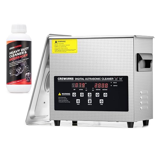 CREWORKS 10L Digital Ultrasonic Cleaner with Degas Gentle Modes, and 34 fl oz Ultrasonic Cleaner Solution for Industrial Use