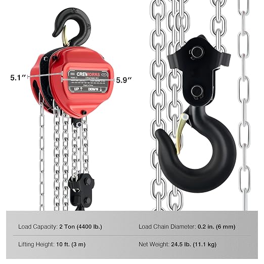 CREWORKS Hand Chain Hoist, 2 Ton 4400 lb Capacity 10 ft Manual Chain Hoist with G80 Load Chain & Double Guide Wheels, Heavy Duty Manual Lever Hoist for Construction Warehouse Automotive Factory
