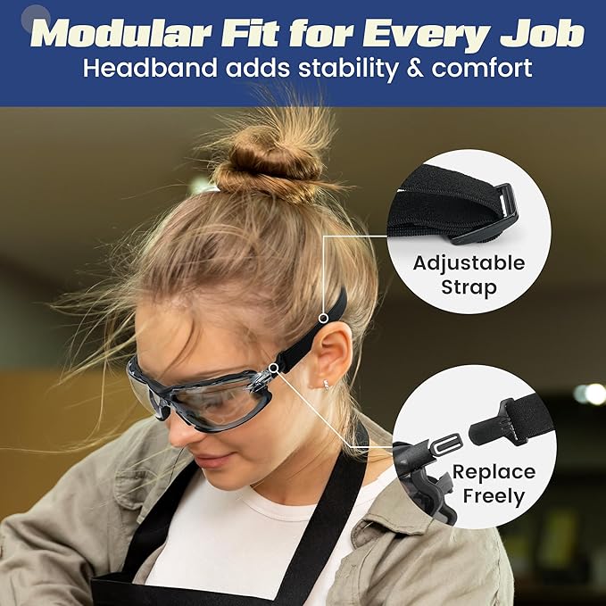 Flaya Adjustable Foam Lined Safety Glasses ANSI Z87.1 Anti-Fog Mowing Goggles for Men & Women, UV400 Protection with Strap