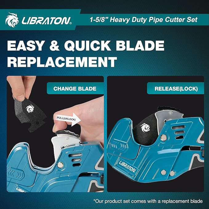Libraton PVC Pipe Cutter, Up to 1-5/8", Ratchet Pipe Cutter Tool for PEX, PVC, PPR Plastic Hoses Plumbing, Heavy-Duty Pipe Cutter with Deburring Tool Replacement Blade, 2 Adjustable Cutting Ranges