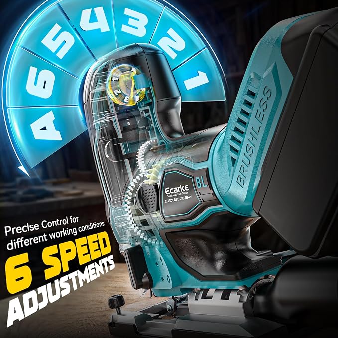 Ecarke Cordless Jig Saw Compatible With Makita 18V Battery, Brushless Motor 3800RPM, 7 Speeds Dial Control, Free-Tool ±45° Bevel Cuts, 4 Orbital Action, Dust Blows and 6 Blades For Cutting, Tool Only