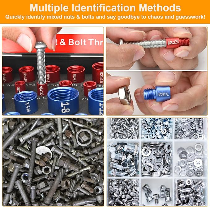 66 Pcs Nut and Bolt Thread Checker - 34 Standard & 32 Metric, Detachable Bolt Size Finder Tool, Screw and Nut Identifier Thread Gauge Especially for Tight Spaces
