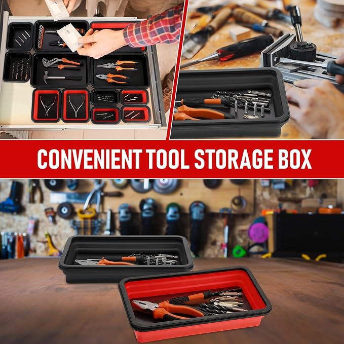 12 Pcs Collapsible Magnetic Parts Tray Set Foldable Tool Storage Organizer Magnetic Tray 3 Different Size Collapsible Bowl for Screw, Bolts, Nuts, Washers, Pins, Tool Gift for Men (Red, Black)