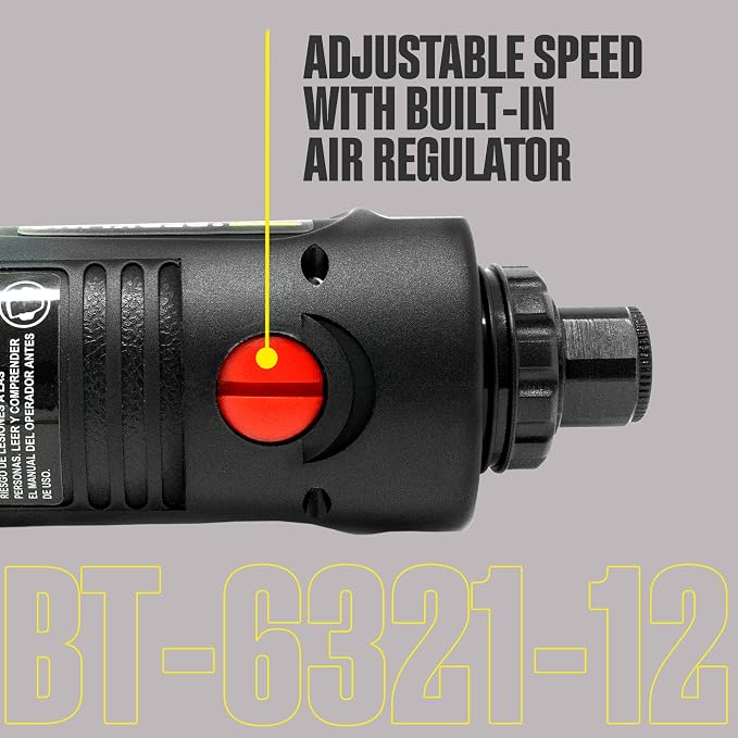BT 6321-12 | 12" Extra Long Extension 1/4“ Straight Air Die Grinder, Professional Grade Heavy Duty Variable High Speed (Straight, 12" Extension)