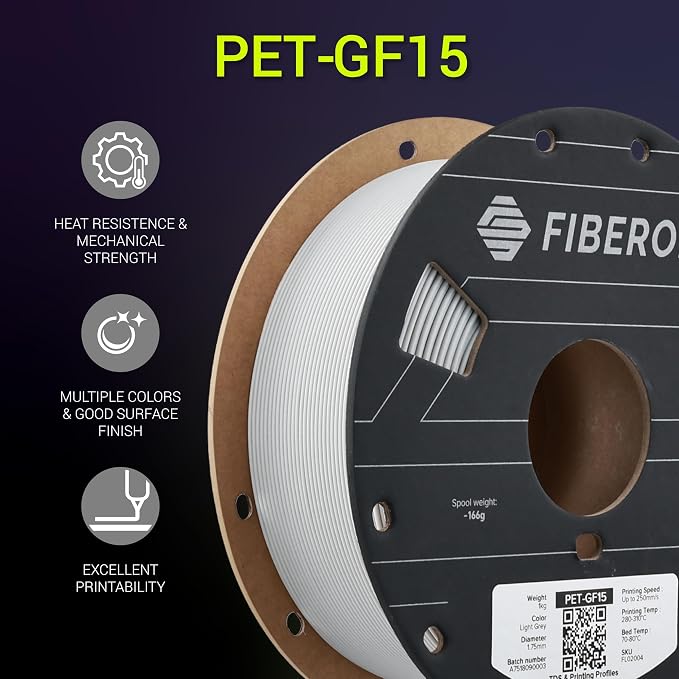 Polymaker Fiberon Light Grey PET-GF15 3D Printer Filament 1.75mm 1KG, 15% Glass Fiber Reinforced, High Strength & Heat Resistance, Ideal for Automotive, Industrial & Functional Parts, AMS Compatible