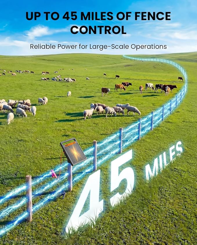 Solar Electric Fence Charger 1.2J Stored Energy, 45 Miles Coverage,8W Solar Fence Energizer with 10000mAh Battery,7–11kV Output, Smart Alarm, All-Weather Fence Charger for Cattle, Horses & Farms