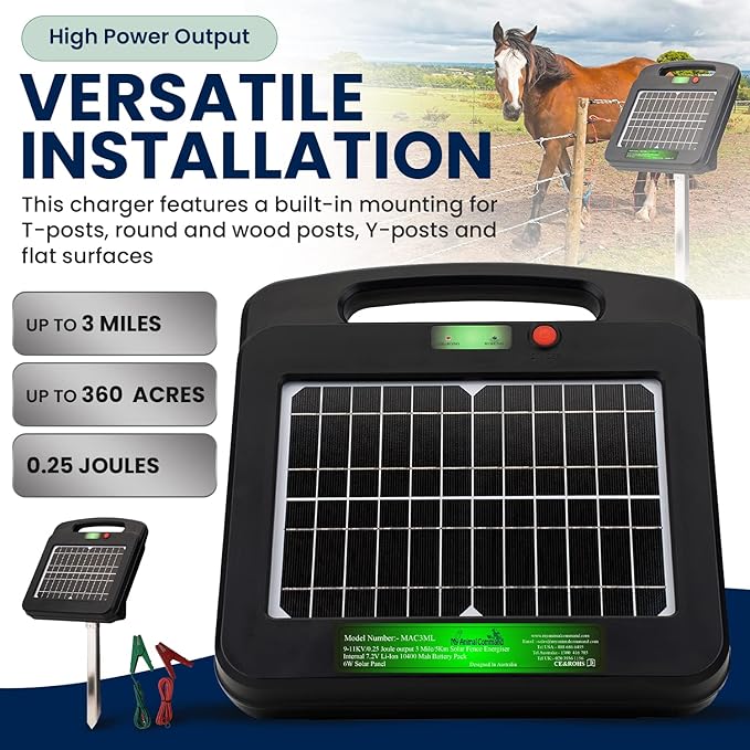 Solar Powered Electric Fence with Lithium Battery Energizer Containment & Protection of Livestock Horses Cattle Sheep Pets Easy Install Charger 0.25 Joules Output (9-11KV)