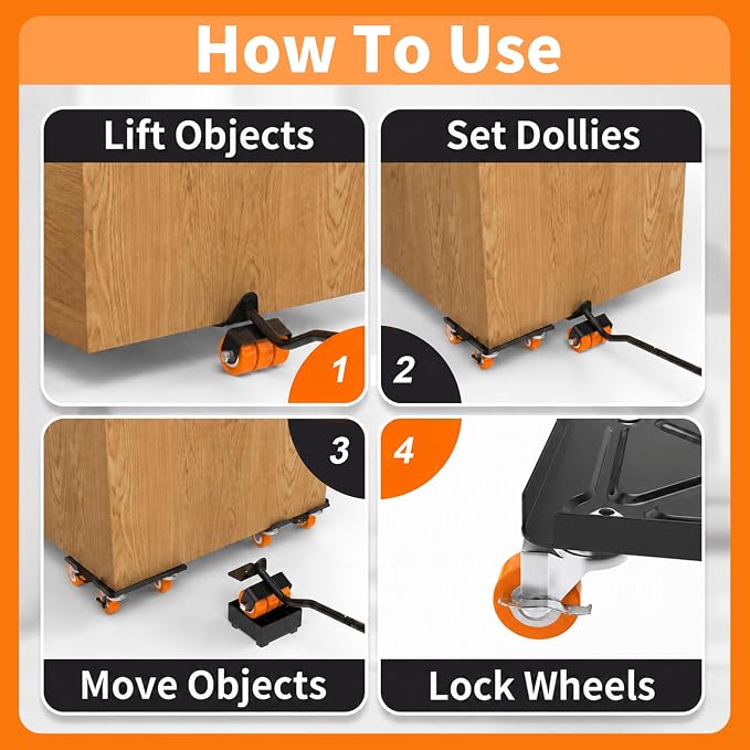 Upgraded Heavy Duty Furniture Dolly 360° Rotating 5 Orange Wheels, Alloy Steel Furniture Movers Up to 3748 lbs/1700 Kg Load Capacity with Measure Tape and Leveler (6.9x6.5 in)