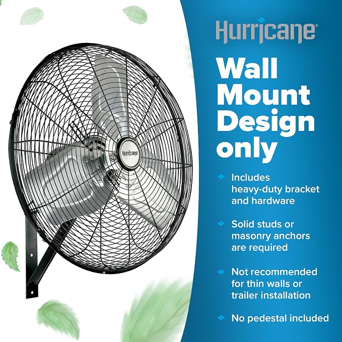 Hurricane 30" Pro Commercial Grade Oscillating Wall Mount Fan, Black - Heavy-Duty All-Metal Corded Electric Air Cooling Unit for Home, Garage, Greenhouse, or Workshop