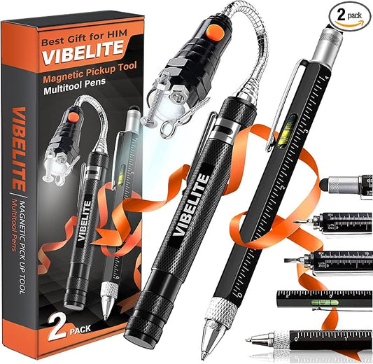 Magnetic Pickup Tool and 6 in 1 Multitool Pen with Touch Screen Stylus, Rulers, Bubble Level, Flathead, Phillips Screwdriver, Ballpoint Pen, Fathers Day Dad Gifts, BIrthday Gifts for Men, Dad, 2Pack