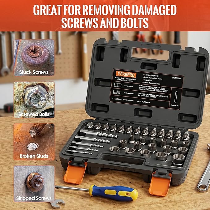 36-Piece Upgraded Screw & Bolt Extractor Kit, 2-in-1 Nut Remover Tool Set, Stripped Screw Extractor for Damaged, Seized, Rusted Studs and Round Head Bolts, Includes Storage Case