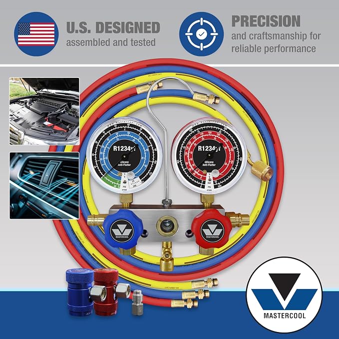 Mastercool 83272 R1234yf 2-Way Manifold Gauge Set with 72" Hoses – U.S. Designed, Assembled, and Tested – Durable Aluminum Construction and 3.5" Anti-Flutter Gauges