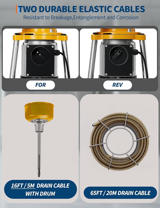 Portable Drain Cleaning Machine, 500w Auto Feed Electric Drain Cleaner Machine Auger Sewer Snake with 66 FT x 5/8" & 16 FT x 3/5" Steel Cables & 6 Cutters for Kitchen Bathroom 1.6"-4" Pipes