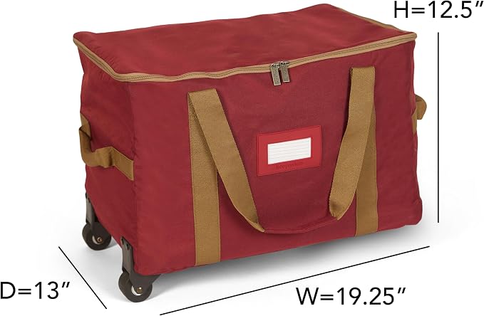 Covermates Keepsakes Rolling Treasurekeeper Storage Bag – Heavy-Duty Polyester with Dual Wheels & Handles – Protects Holiday Decorations with ID Window & Dual Zipper Access, Red