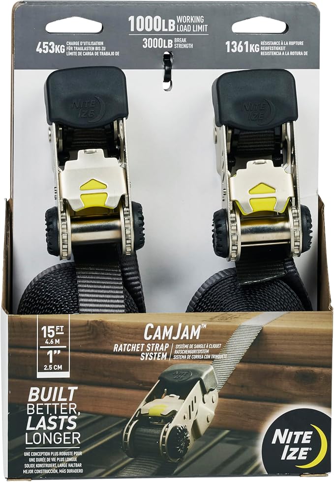Nite Ize CamJam Ratchet Strap System - Easy-Release Patented Lever Pawl - Tie Down Straps & Ratchet with Adjustable Positioning for Varied Configurations - 1000 lb Working Load Limit - Large (2 Pack)
