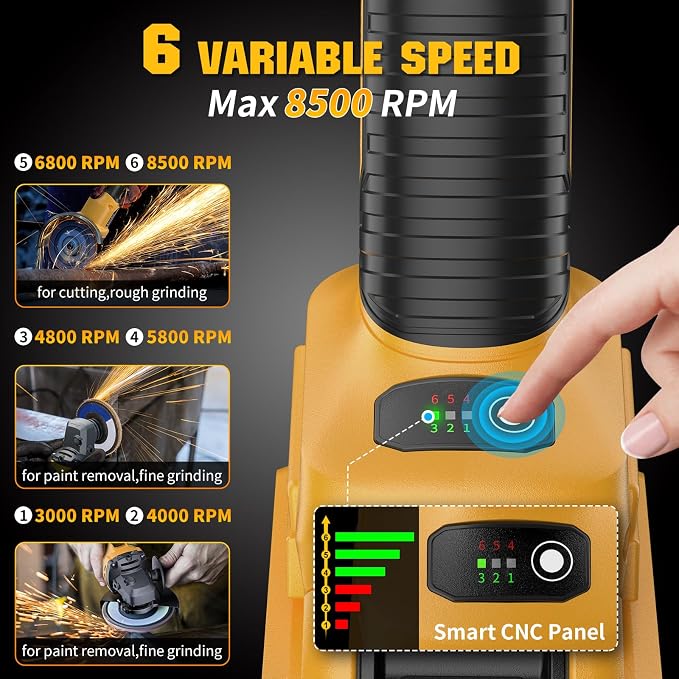 Angle Grinder 4-1/2" Cordless Compatible with DEWALT 20V Max Battery, Brushless Grinder Tool, 6 Variable Speed for Cutting Grinding Polishing (Tool Only)