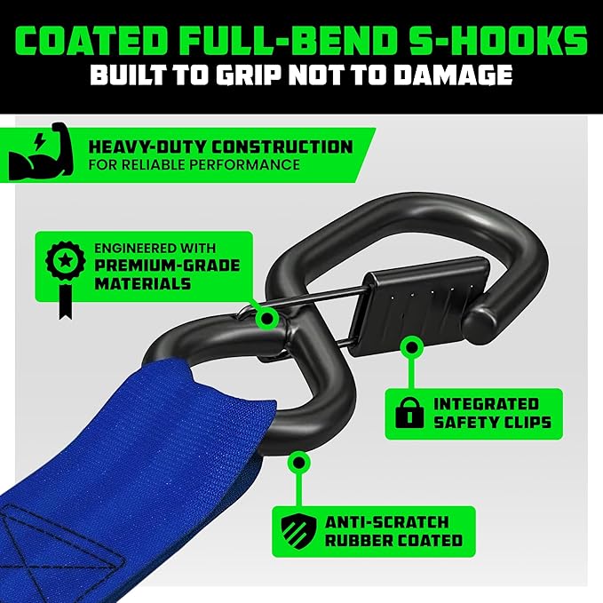 Rhino USA Retractable Ratchet Straps (4-Pack) - 1 Inch x 10 Feet (1,209lb Break Strength) - Auto Self Retracting Tie Down Straps for Truck, Cargo Trailer, Motorcycle, ATV, UTV - Blue