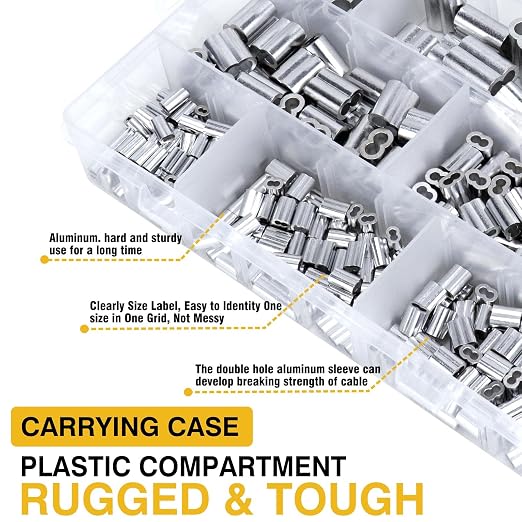 Sanuke Wire Rope Crimping Tool Kit, with 375pcs Wire Rope Aluminum Crimping Loop Sleeves, Crimping from 3/64-inch to 1/8-inch