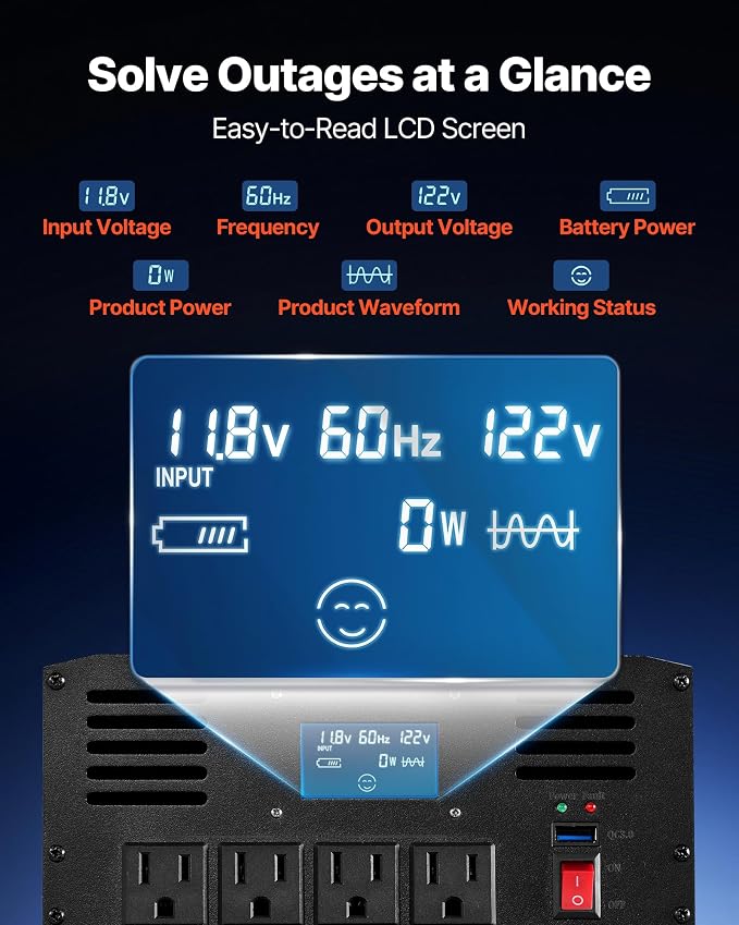 VEVOR Pure Sine Wave Inverter 3500 Watt Power Inverter, DC 12V to AC 120V Car Inverter, with USB Port LCD Display Remote Controller and AC Outlets (GFCI), for RV Truck Car Solar System Travel Camping