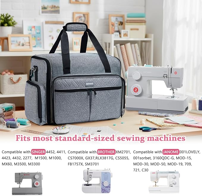 AMOIGEE Full-Open Sewing Machine Case with Wheels, Large Rolling Sewing Machine Bag with Detachable Foldable Dolly, Heavy-Duty Embroidery Tote for Brother Singer Janome Standard Machines Storage