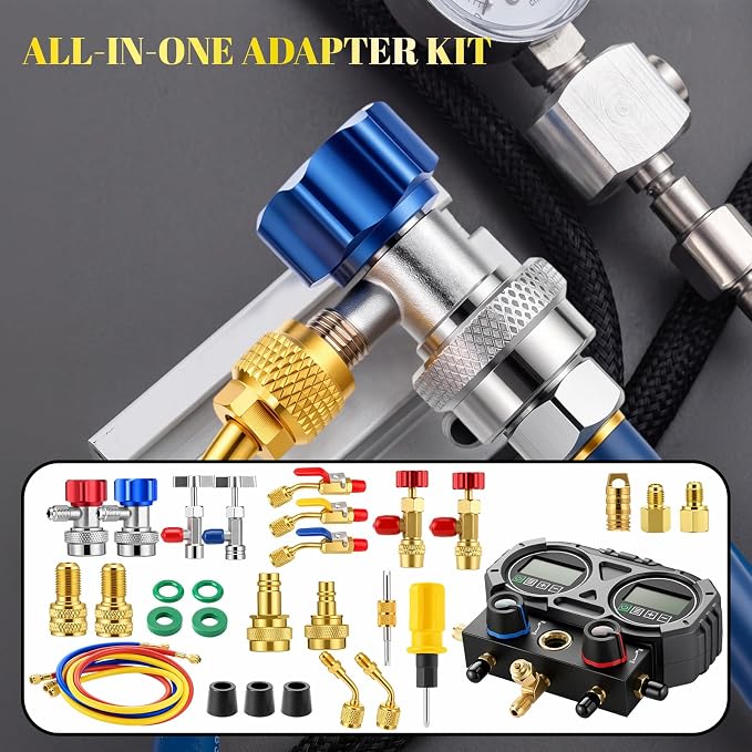 Tellegloww HVAC A2L Digital Manifold Gauge Set for R22 R32 R410A 134A R454B Refrigerant with Hose Kit, 4 Refrigerant Angled Compact Ball Valve and 2 R410A Adapter 2 R454B Adapter