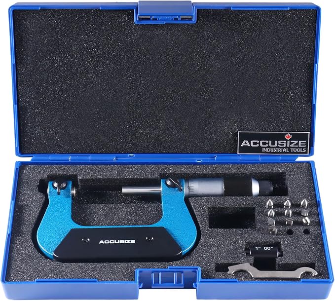 Accusize Industrial Tools 1-2'' X 0.0001'' Screw Thread Micrometer with 5 Anvil in Fitted Box, S916-C751 | 5 Anvil Sets: 44-28, 24-14, 13-9, 8-5, 4.5-3.5 TPI, 0.0001" Resolution, ±0.00016" Accuracy