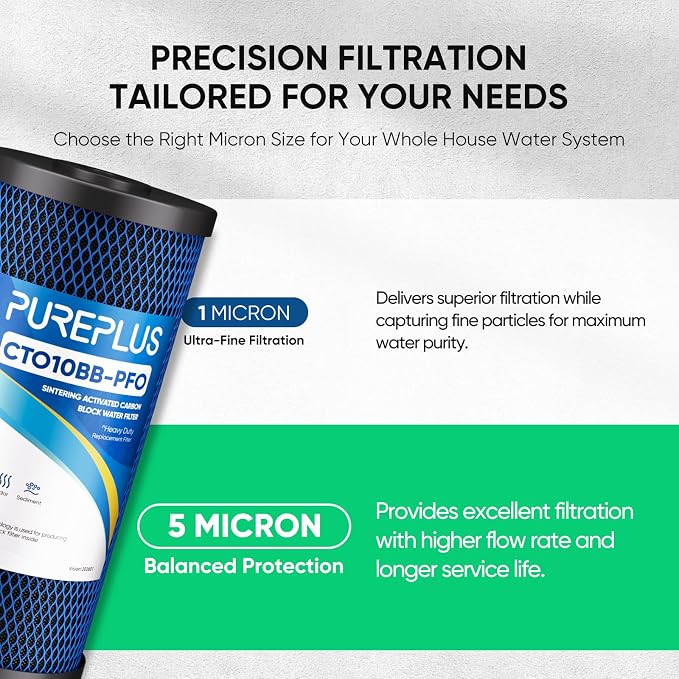PUREPLUS 5 Micron 10" x 4.5" Whole House PFAS Removal Replacement Water Filter, Coconut Shell Activated Carbon Filter, Compatible with WFHDC8001, GXWH40L, GXWH35F, CB-BB-10, CTO10BB, 2 PACK