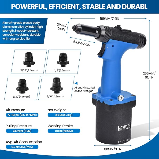 Air Pneumatic Rivet Gun Kit – Heavy Duty Pneumatic Riveter with 3/32", 1/8", 5/32", 3/16" Nosepieces, Ideal for Automotive, Construction, and Manufacturing Applications