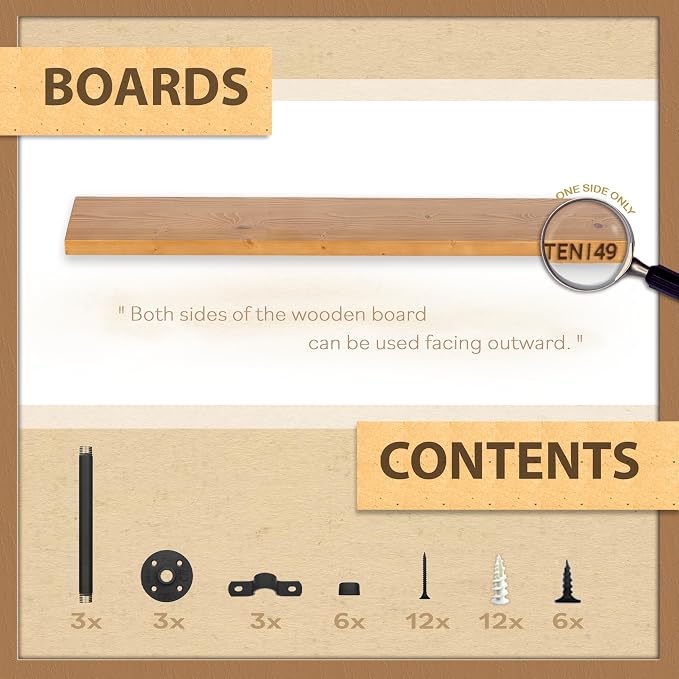 TEN49 Industrial Pipe Wood Wall Shelf - 60" Real Wooden Shelf w/ Special Walnut Color & 1.8" Extra Thickness - Modern Interior Decor Floating Shelves - Rustic Farmhouse Style Bookshelf - Set of 2
