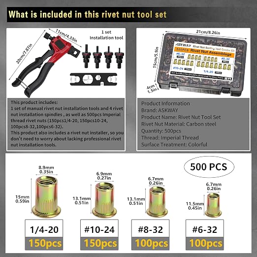 Imperial Pressure Rivet Nut Tool Kit, 500PCS (1/4-20,10-24,8-32,6-32) inch Rivet Nut, Suitable for Furniture, Decoration, Automotive, Marine and Industrial Applications