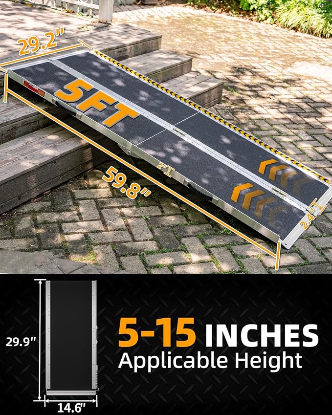 VNN Portable Wheelchair Ramp 5FT, Seamless Non-Slip Aluminum Ramps for Wheelchairs for Home, Handicap Wheelchair Ramps for Home Steps, Aluminum Loading Dock Plates, Black