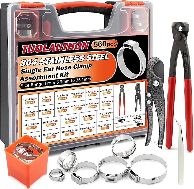 560PCS 22 Sizes Single Ear Hose Clamp Assortment Kit, 5.3 to 36.1mm 304 Stainless Steel Stepless with Clamp Crimp Plier, Cutter & Tweezers For Fuel Line,Pipe, Automotive and Home Appliances